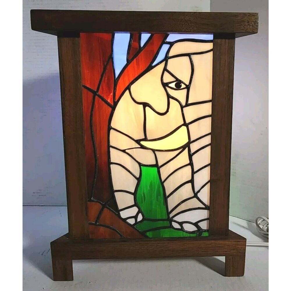 Handmade Stained Glass Table Lamp w/Wrap-Around Elephant Scene Rare & Unique EX